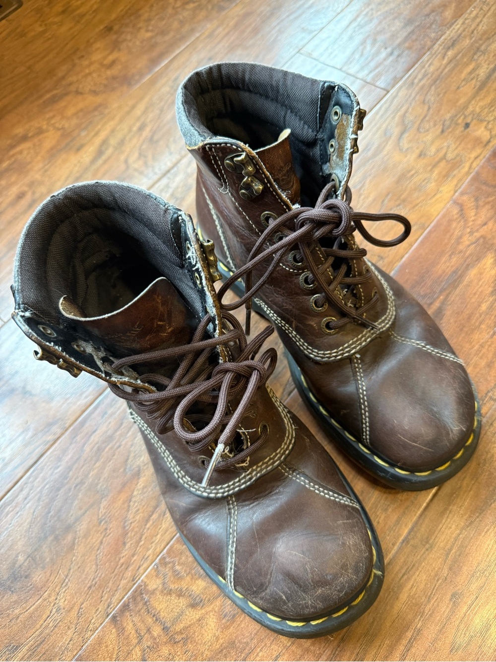 Dr. Martens Brown Leather Lace-Up Boots with Yellow Welt Stitching
